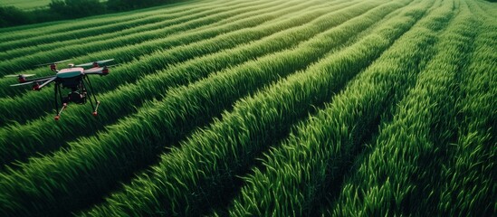 Fototapeta premium Drone surveying lush green agricultural field with rows of crops