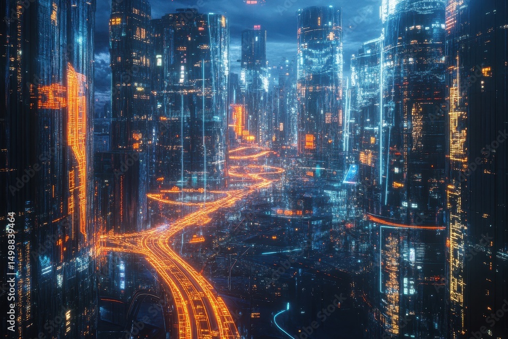 Poster futuristic cityscape features ai-powered energy-efficient technologies illuminating the urban enviro