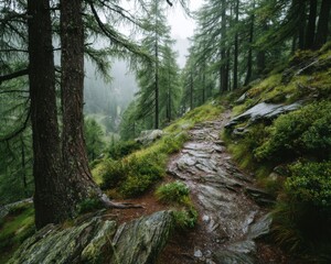Fototapeta premium Rainy Forest Path Winding Through Lush Green Mountains