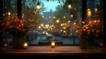 Rainy Night City View from Cozy Window with Orange Flowers and Candles