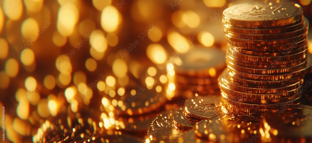 Poster stacks of shiny gold coins with bokeh background creating a luxurious atmosphere