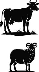 Black and white farm animal illustrations feature sheep and lamb silhouettes with isolated vector outlines