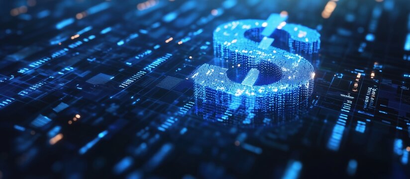 Digital dollar sign composed of glowing blue pixels on data background