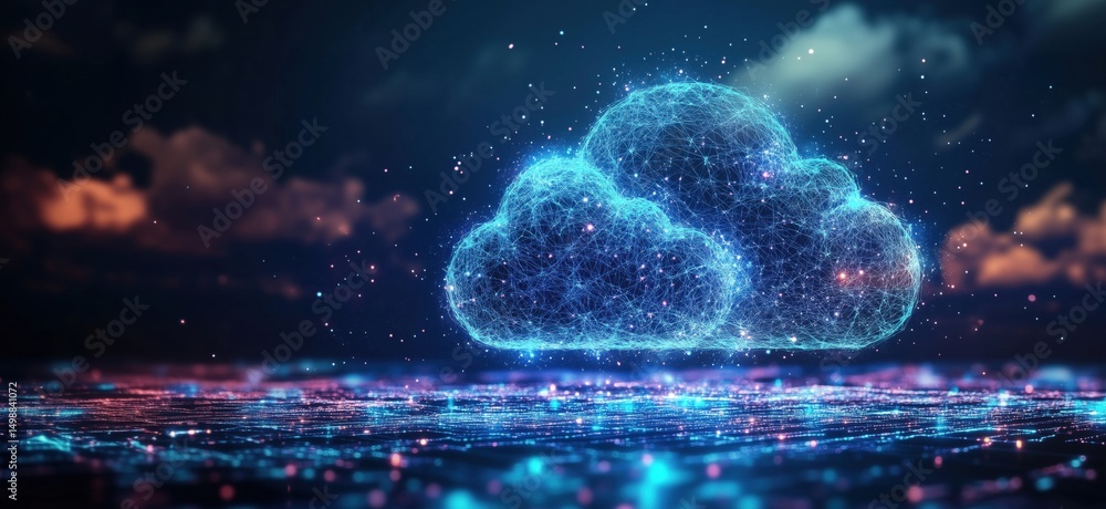 Poster digital cloud network with glowing connections and data visualization in futuristic landscape