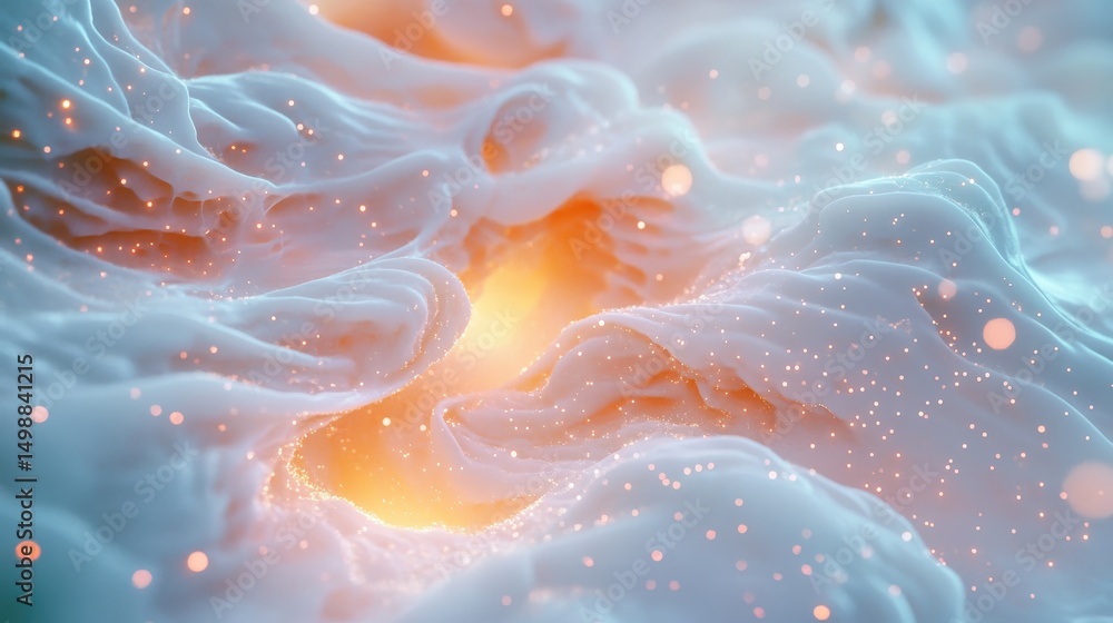 Poster abstract close-up of fluid surface with glowing particles and waves