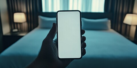 The focus is on a hand holding a smartphone with a blank screen and cozy and luxurious hotel room featuring