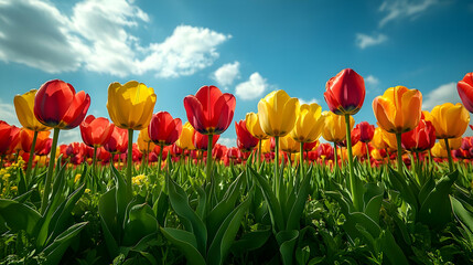 Fototapeta premium Red And Yellow Tulips Field Under Sunny Sky