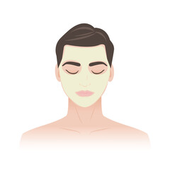The man with face mask spa vector illustration isolated on white background. The man apply peeling mask for oily skin, facial treatment mask, beauty face mask. Men skincare routine concept.