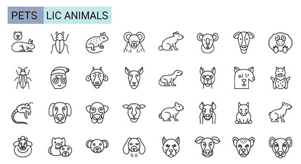 A comprehensive set of editable line icons featuring various pets, including domestic animals, insects, rodents, lizards, and exotic animals, all in a modern thin line style.