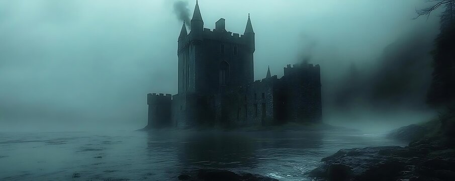 Misty castle lake, dark fantasy