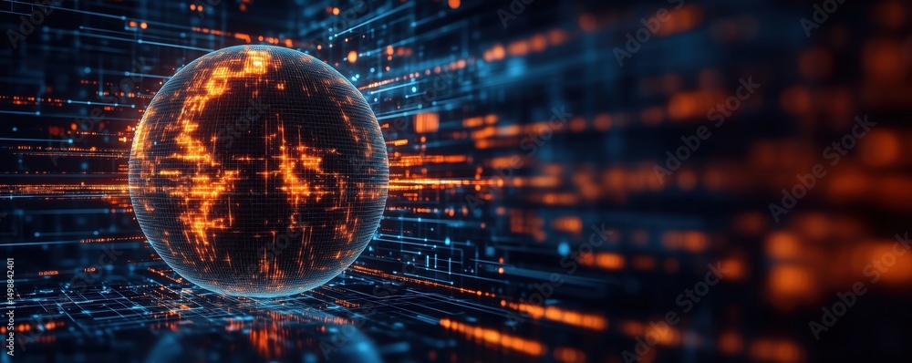 Poster digital globe with glowing connections representing global data flow and technology