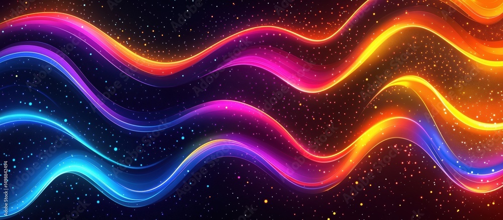 Poster colorful abstract wave patterns with glowing effects and starry background