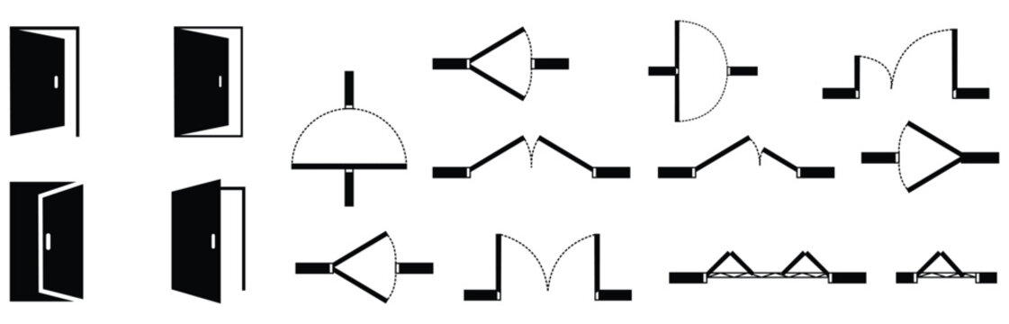 Open door icon set. Login and logout icons. Architectural kit of icons for interior project. Door for scheme of apartments. Construction symbol graphic  element blueprint map. Vector illustration