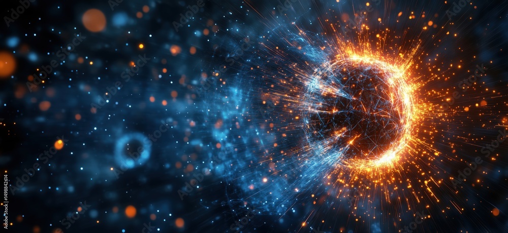 Poster abstract digital representation of a cosmic explosion with vibrant colors and particles