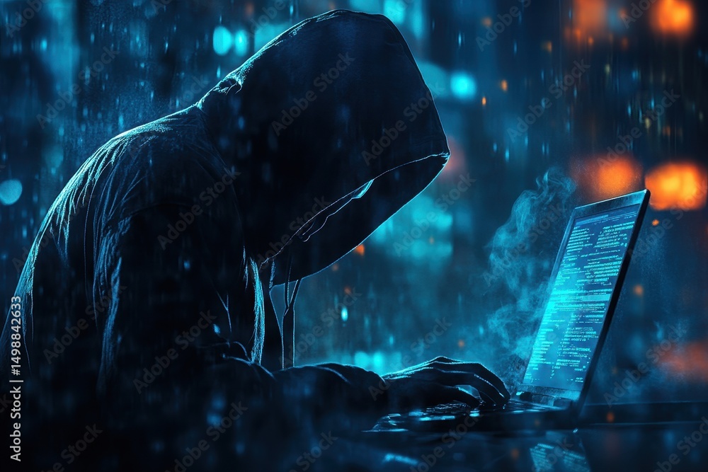 Poster hooded figure engaged in hacking activities amidst rain-soaked environment, manipulating data on mul