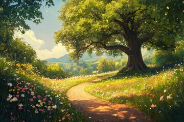 Fototapeta premium Sunlit meadow with a large tree and a winding path surrounded by colorful flowers under a clear blue sky
