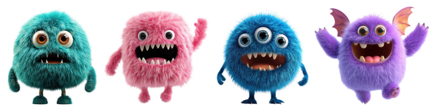 PNG Colorful fluffy cartoon monsters, element set on transparent background