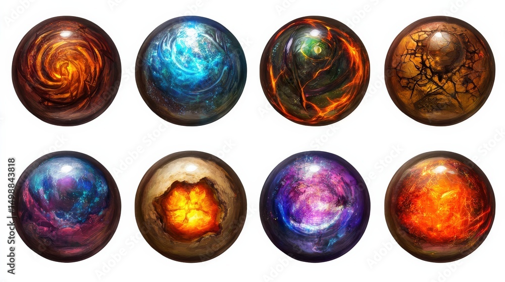 Poster colorful abstract spheres representing cosmic elements and patterns