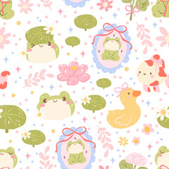 Cute Frog and Duck Seamless Pattern, Kawaii Lily Pad and Lotus Flowers, Pastel Spring Nursery Background