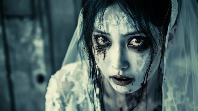 Mysterious scary bride draped in delicate white veil, dimly lit background. Mystique dead woman story. Haunting bridal day, mystery, eerie girl in white dress want revenge .