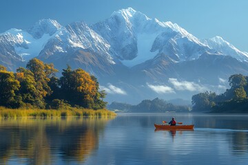 Kayaking Adventure on Serene Lake with Snow-Capped Mountain Views