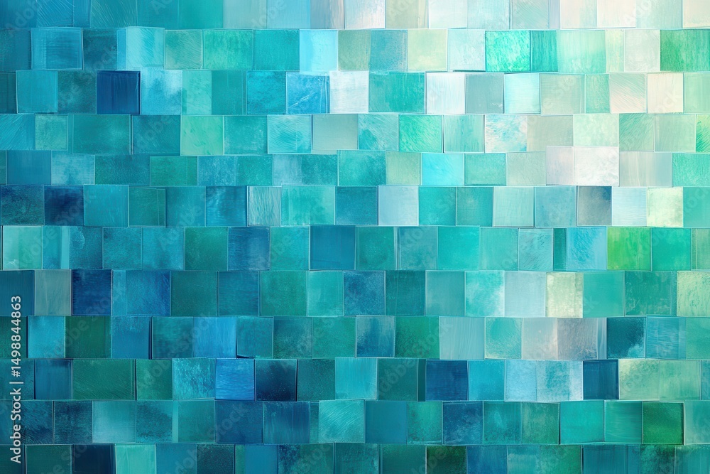 Poster mosaic pixel background with a blend of cool colors showcasing an array of turquoise, teal, and blue