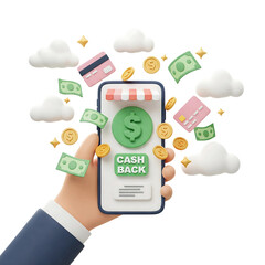 A 3D illustration of a hand holding a smartphone with a green dollar sign icon and the words 'Cash Back' displayed on the screen.