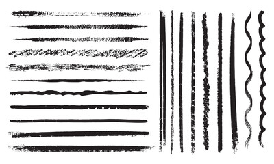 Black crayon stroke set - straight, wavy underlines and decorative borders. Hand drawn divider elements with rough edges and uneven texture designs. Horizontal lines in grunge sketch style.