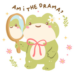 Cute Frog Looking in Mirror with Quote “Am I the Drama?”, Kawaii Pastel Animal Illustration, Funny Self Reflection Design