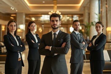 Fototapeta premium Hotel staff team presents professionalism and unity in a welcoming lobby setting during a busy day at a luxury hotel