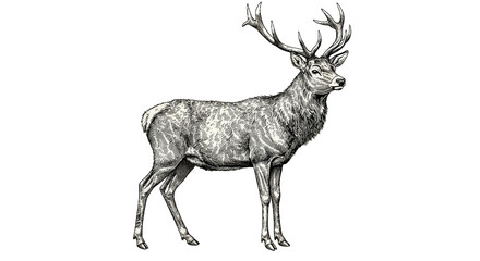 A classic vintage engraved illustration of a deer, featuring a wild doe and majestic stag, rendered as an ink sketch. Perfect for rustic, wildlife, and nature-themed designs. © Slamat