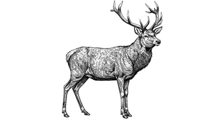 A classic vintage engraved illustration of a deer, featuring a wild doe and majestic stag, rendered as an ink sketch. Perfect for rustic, wildlife, and nature-themed designs. © Slamat