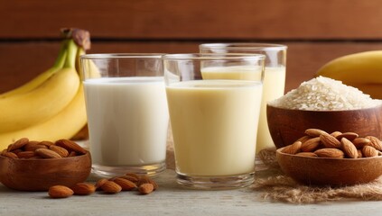 Bananas and milk alternatives on table