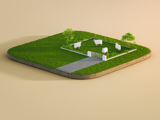 Low poly sheep 3D rendering in fence. Miniature farm with green grass and road.