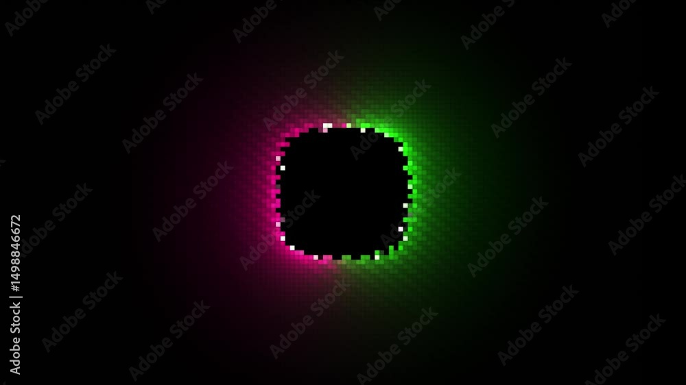 Poster abstract pink and green neon round square frame. seamless 4k loop with flickering pixel animation