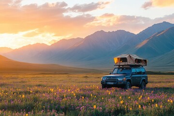 Rugged SUV parked in vibrant wildflower field during sunset near mountains, ready for adventure and exploration