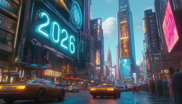 Futuristic City Street Scene with Neon 2026 Sign for Happy New Year Celebration