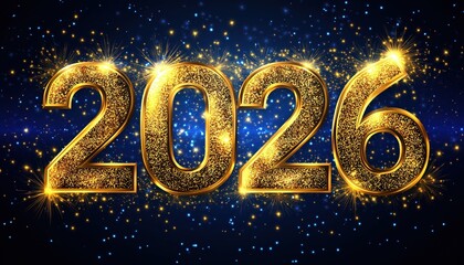 Happy New Year 2026 Golden Glittery Numbers with Sparkling Fireworks on Blue Festive Backg
