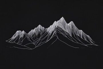 Mountain landscape in white line drawing on black background capturing intricate details of peaks and ridges in a minimalist style during twilight hours