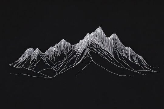 Fototapeta Mountain landscape in white line drawing on black background capturing intricate details of peaks and ridges in a minimalist style during twilight hours