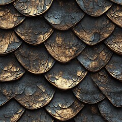 Textured metal roof with scales and golden accents.