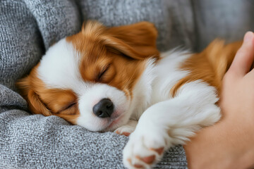 Sleeping puppy snuggled in soft blanket showing adorable and peaceful expression with closed eyes