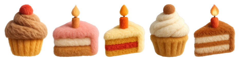 PNG Felt desserts with candles, element set on transparent background