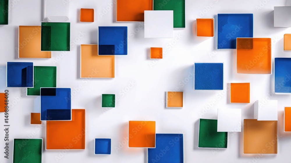 Poster dynamic composition of colorful geometric shapes on white background