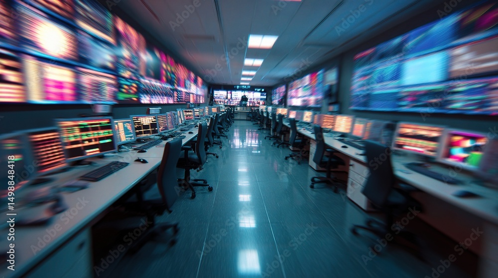 Poster blurred view of a modern network operations center with consoles