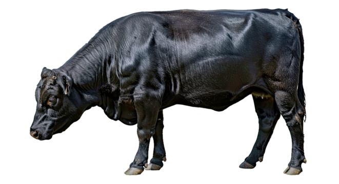 Grazing Aberdeen Angus Cow: Muscular Black Coat, Head Down on White Background
