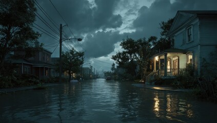 Flooded street with houses under cloudy sky