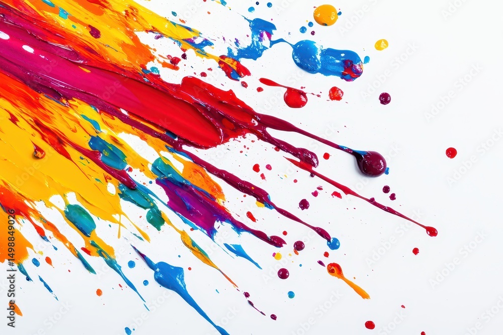 Poster vibrant abstract paint splatter creates a dynamic and colorful artwork on a clean white canvas showc
