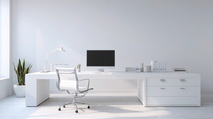 Fototapeta premium Minimalist White Desk Setup in Empty Modern Office Space