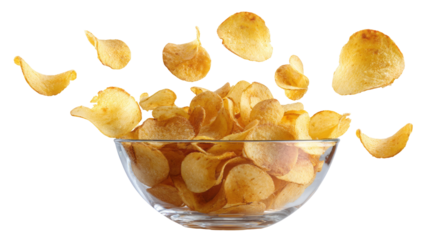 crispy potato chips spill out of a clear glass bowl, isolated, transparent background.